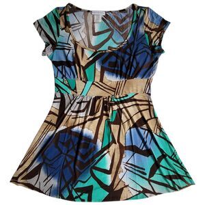 Body Central Brown Blue Multi Color Geometric Print Scoop Neck Top M